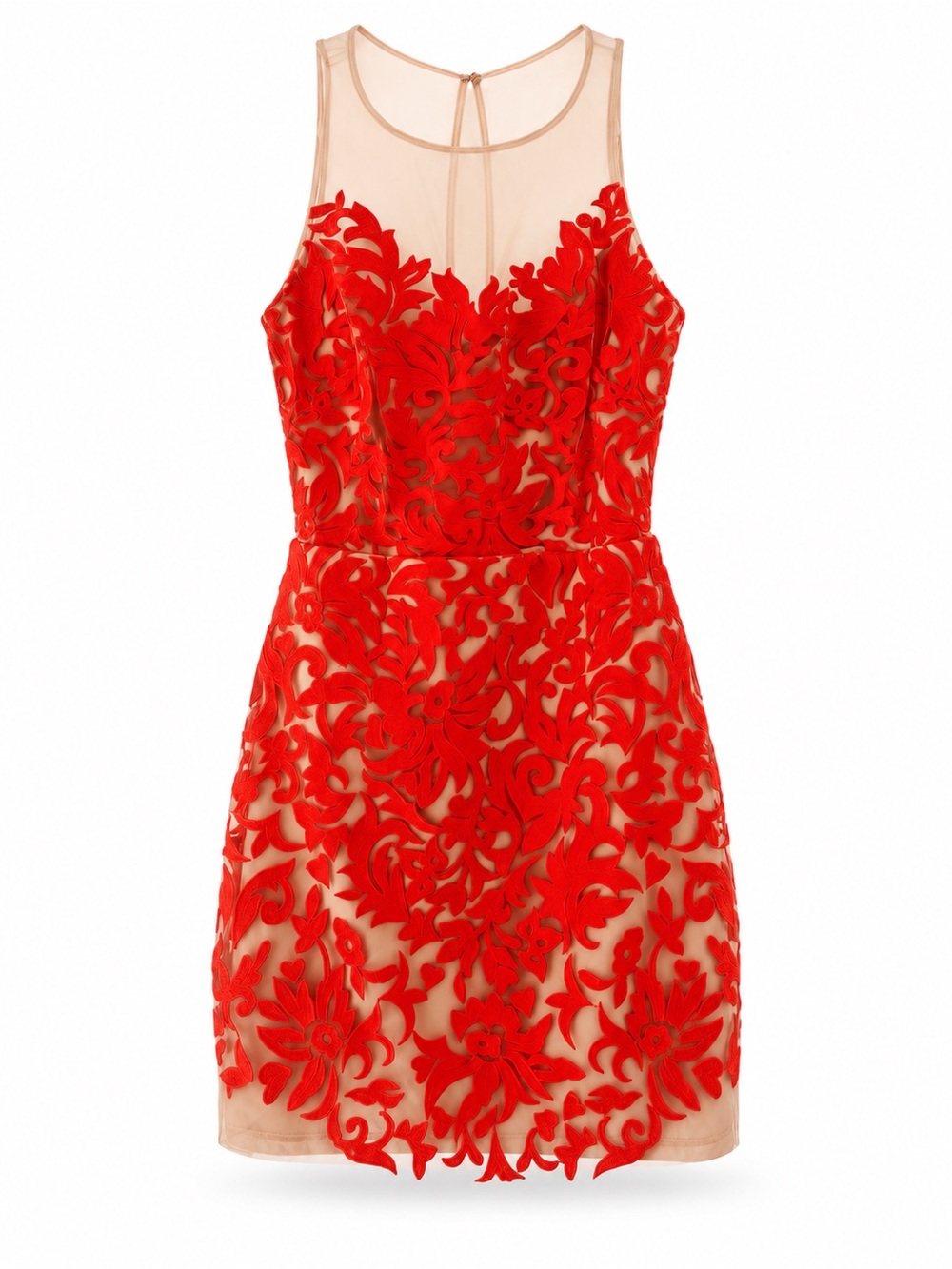 bebe orange  Floral Appliqué Nude-Illusion Mini Dress